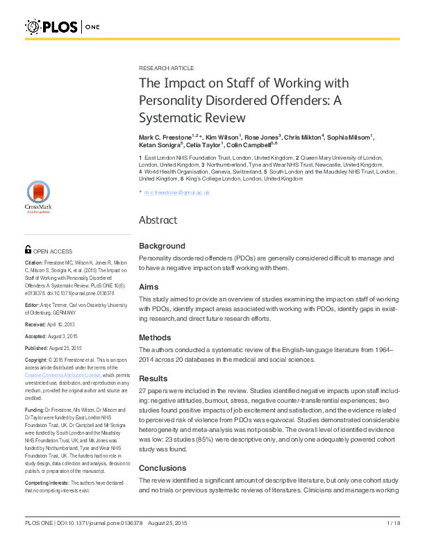The impact on staff of working with personality disordered offenders: A systematic review Thumbnail