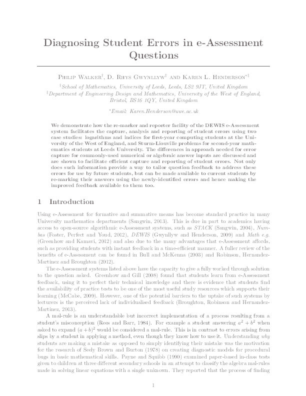 Diagnosing student errors in e-Assessment questions Thumbnail