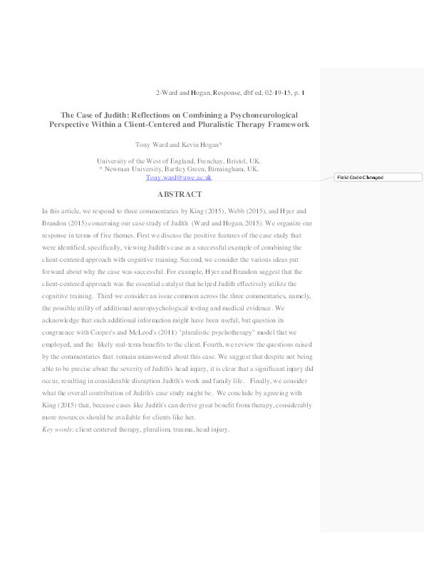 The case of Judith: Reflections on combining a psychoneurological perspective within a client-centered and pluralistic therapy framework Thumbnail