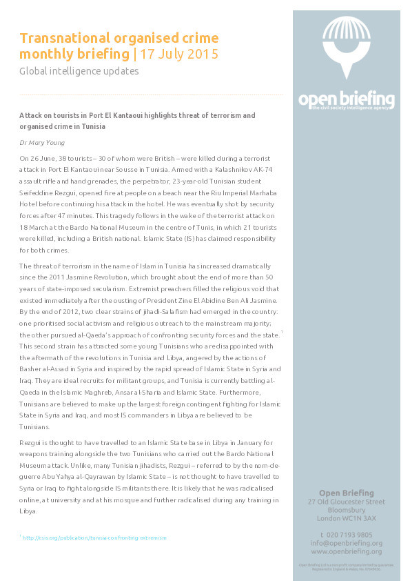 Transnational organised crime monthly briefing, July 2015: Attack on tourists in Port El Kantaoui highlights threat of terrorism and organised crime in Tunisia Thumbnail