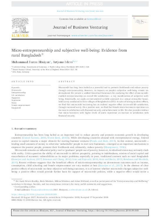 Micro-entrepreneurship and subjective well-being: Evidence from rural Bangladesh Thumbnail