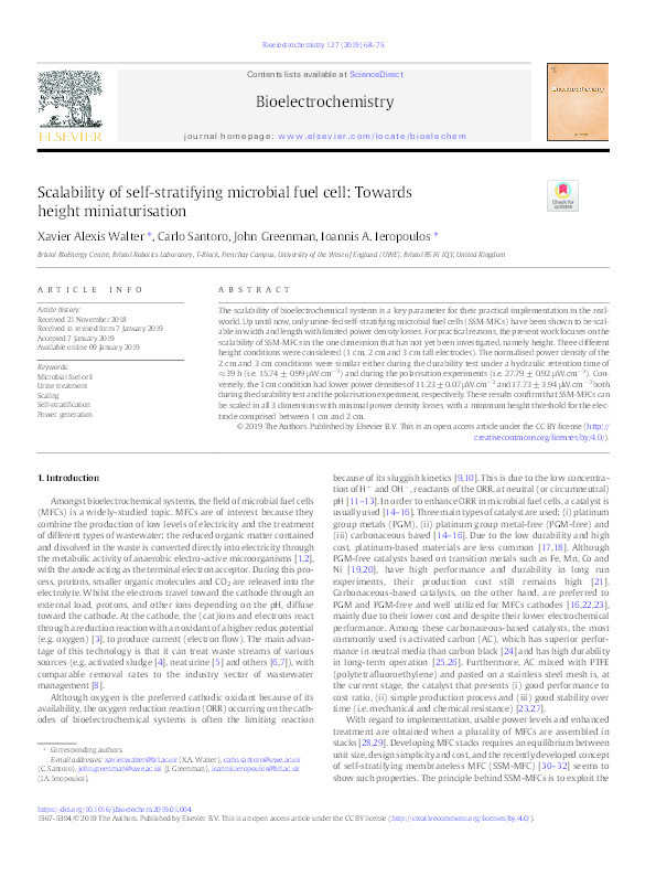 Scalability of self-stratifying microbial fuel cell: Towards height miniaturisation Thumbnail