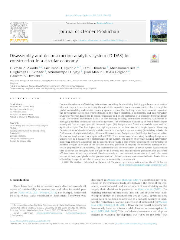 Disassembly and deconstruction analytics system (D-DAS) for construction in a circular economy Thumbnail