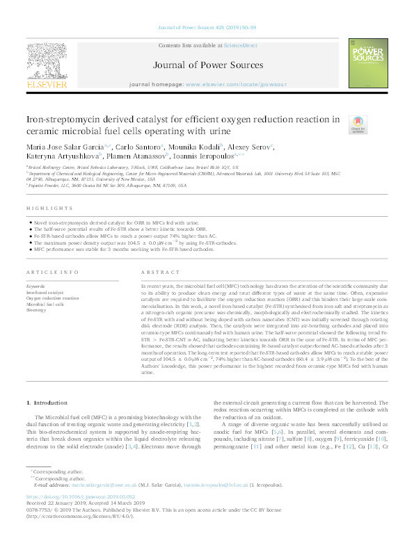 Iron-streptomycin derived catalyst for efficient oxygen reduction reaction in ceramic microbial fuel cells operating with urine Thumbnail