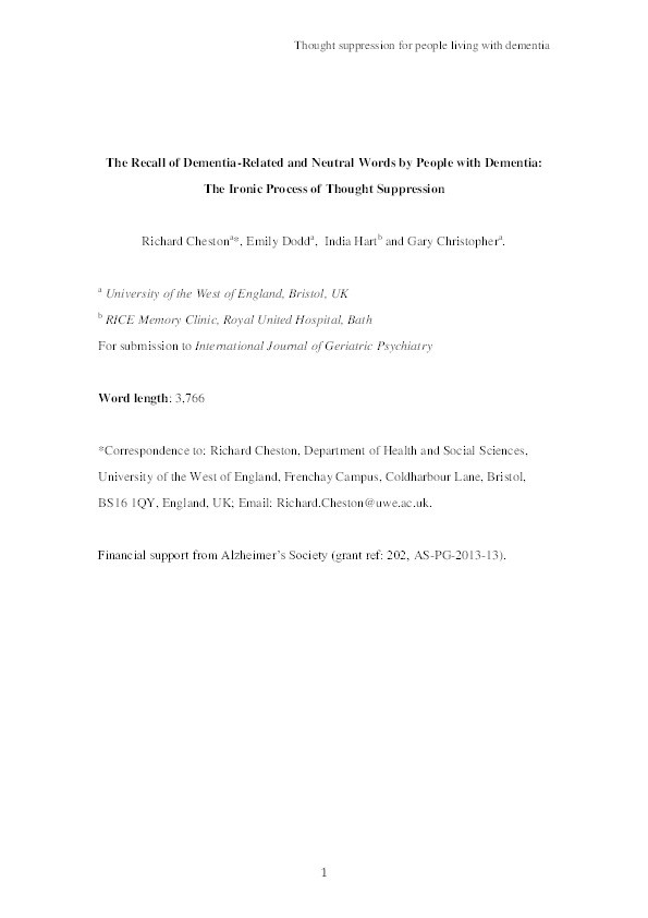 The recall of dementia-related and neutral words by people with dementia: The ironic process of thought suppression Thumbnail