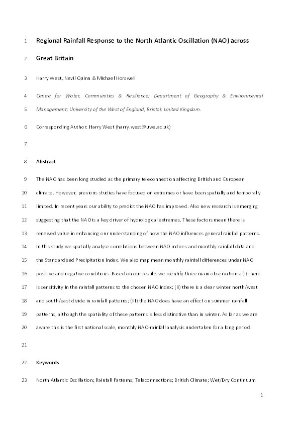 Regional rainfall response to the North Atlantic Oscillation (NAO) across Great Britain Thumbnail