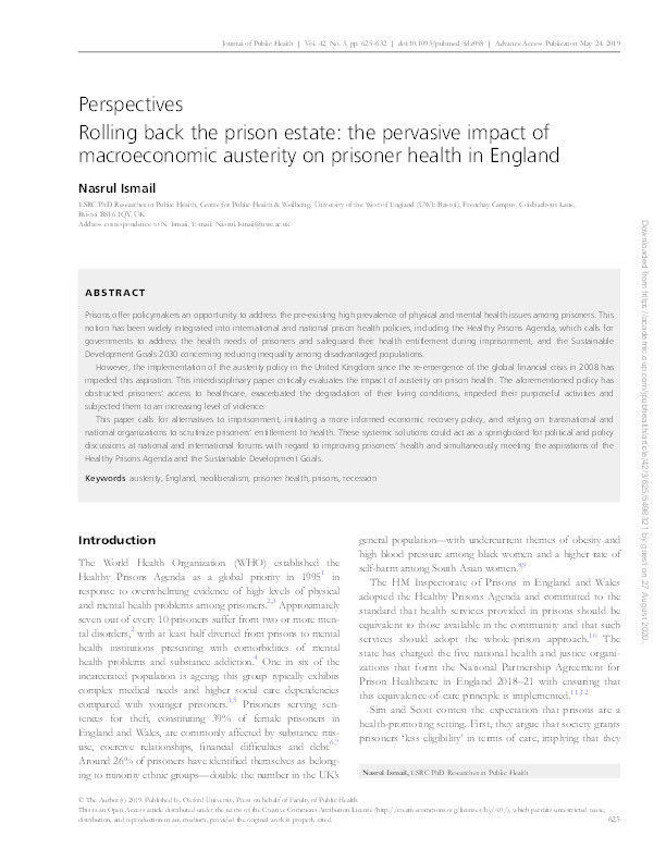 Rolling back the prison estate: The pervasive impact of macroeconomic austerity on prisoner health in England Thumbnail