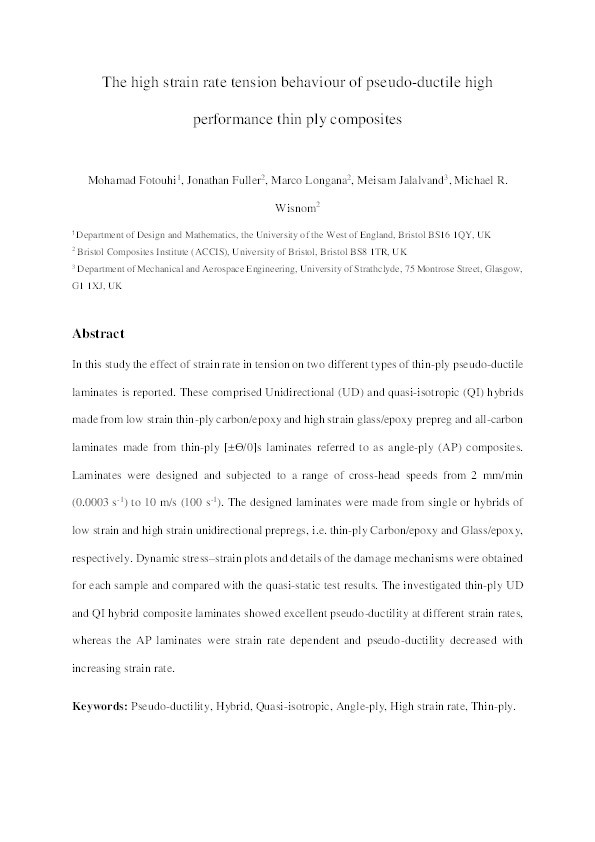 The high strain rate tension behaviour of pseudo-ductile high performance thin ply composites Thumbnail