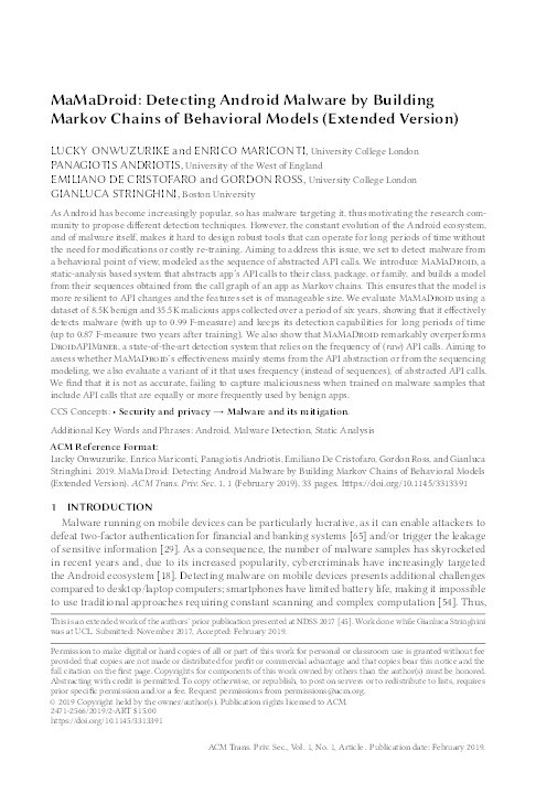 MaMaDroid: Detecting Android malware by building Markov chains of behavioral models (extended version) Thumbnail