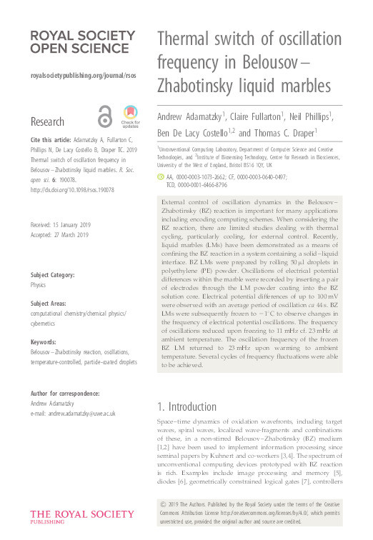 Thermal switch of oscillation frequency in belousov- zhabotinsky liquid marbles Thumbnail