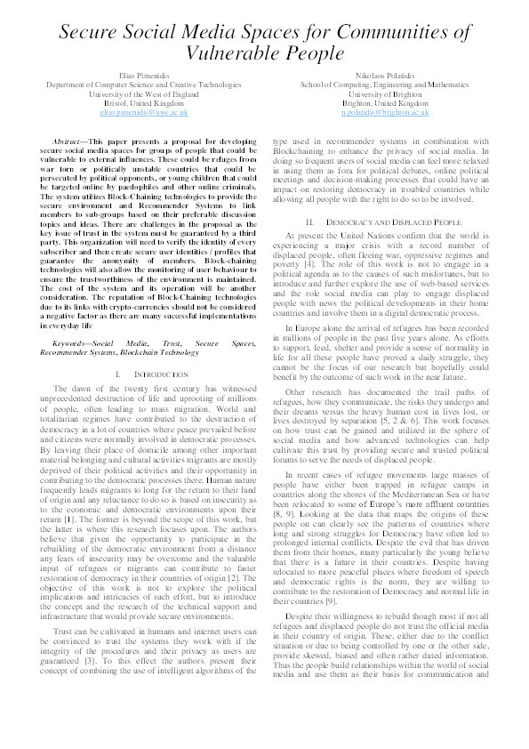Secure Social Media Spaces for Communities of Vulnerable People Thumbnail