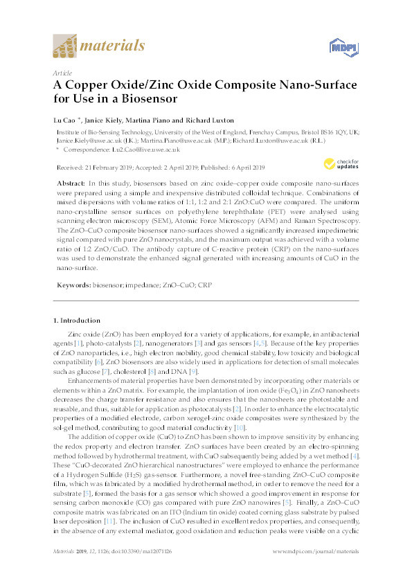 A copper oxide/zinc oxide composite nano-surface for use in a biosensor Thumbnail