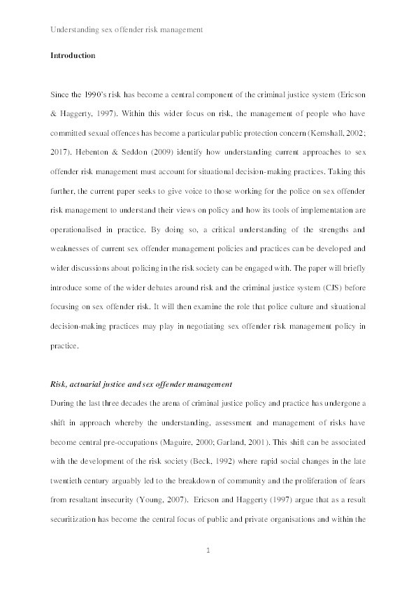 Risk, discretion, accountability and control: Police perceptions of sex offender risk management policy in England and Wales Thumbnail