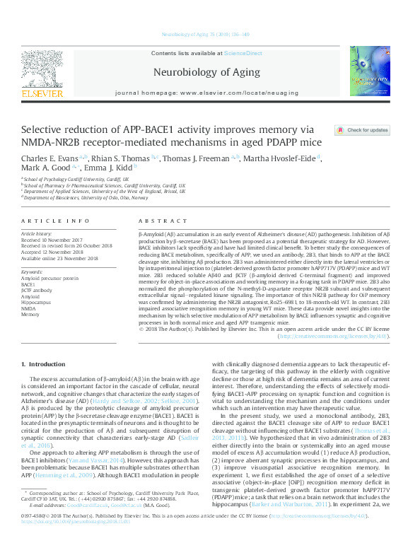 Selective reduction of APP-BACE1 activity improves memory via NMDA-NR2B receptor-mediated mechanisms in aged PDAPP mice Thumbnail