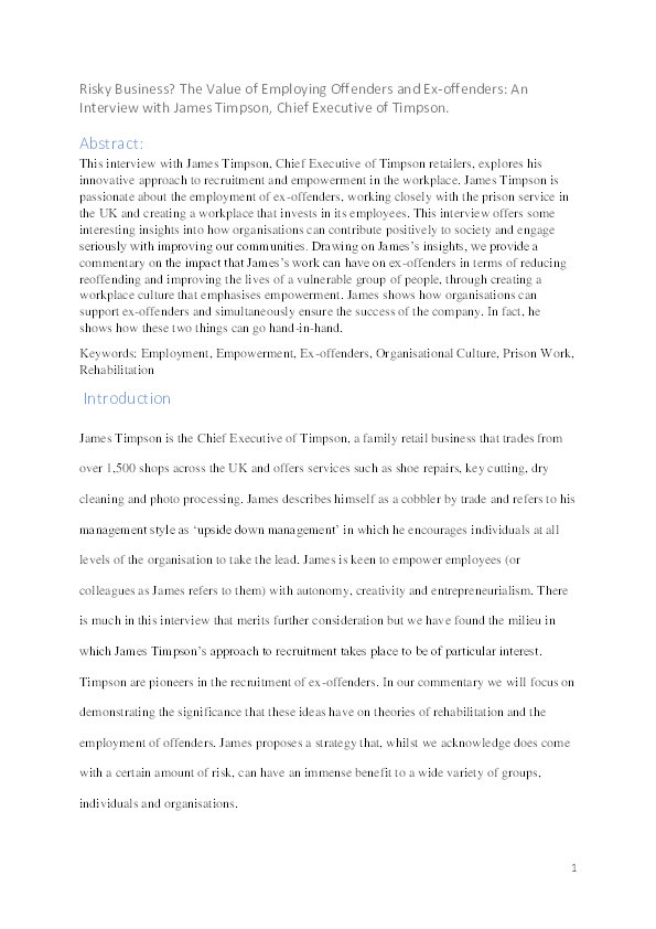 Risky Business? The Value of Employing Offenders and Ex-Offenders: An Interview With James Timpson, Chief Executive of Timpson Thumbnail