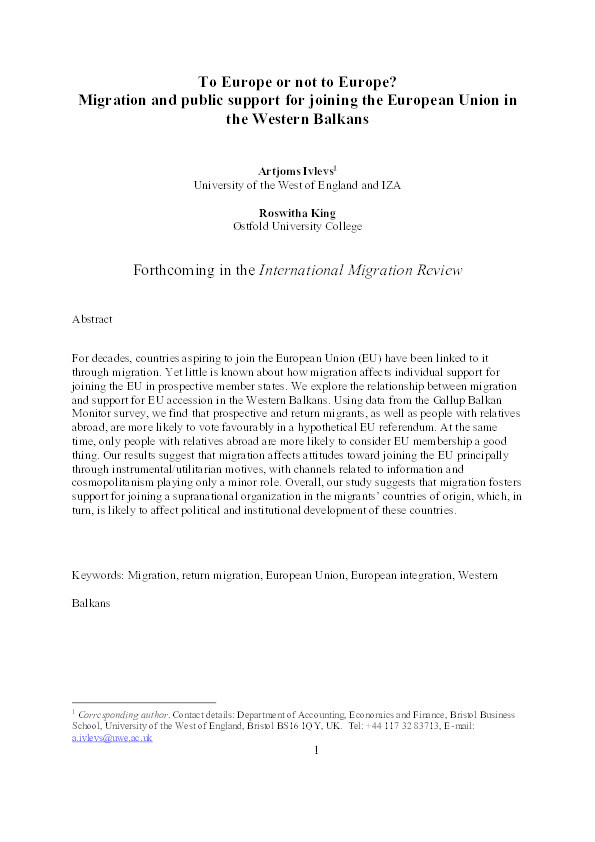 To Europe or Not to Europe? Migration and Public Support for Joining the European Union in the Western Balkans Thumbnail