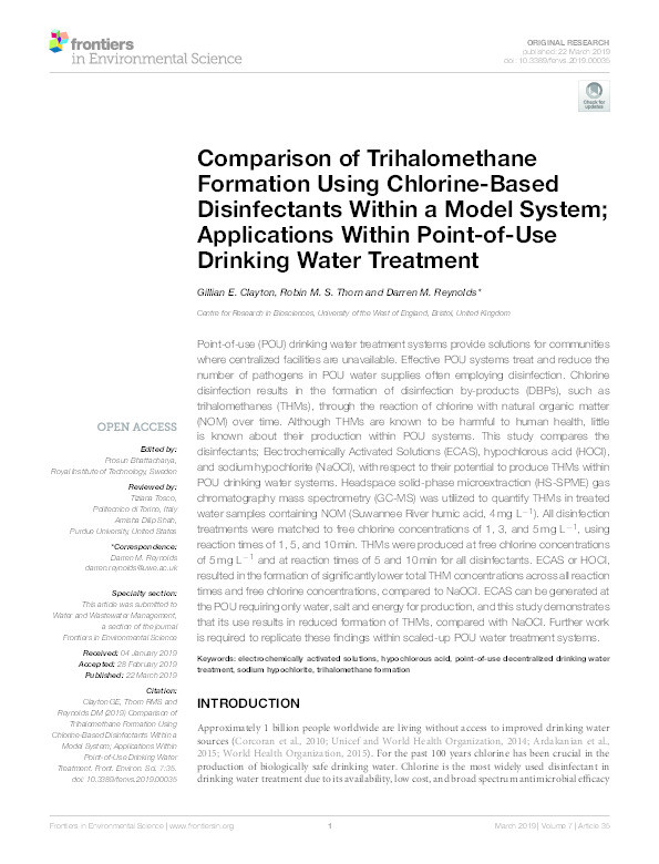 Comparison of trihalomethane formation using chlorine-based disinfectants within a model system; Applications within point-of-use drinking water treatment Thumbnail