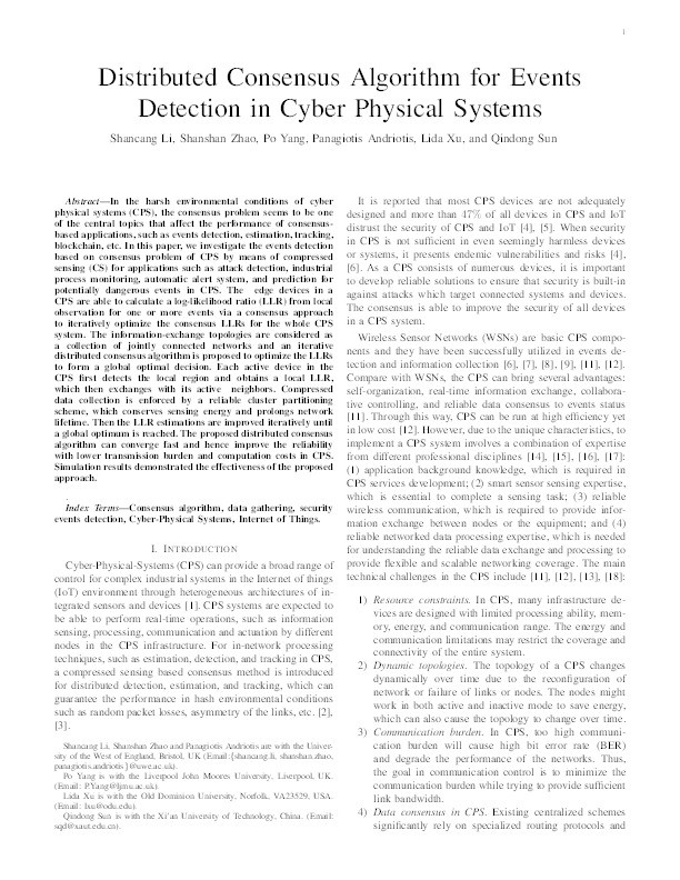 Distributed consensus algorithm for events detection in cyber-physical systems Thumbnail