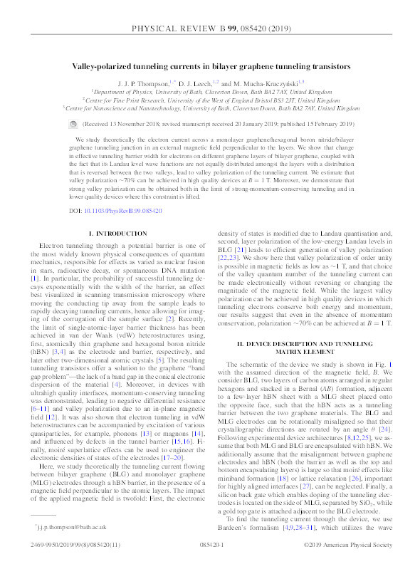 Valley-polarized tunneling currents in bilayer graphene tunneling transistors Thumbnail