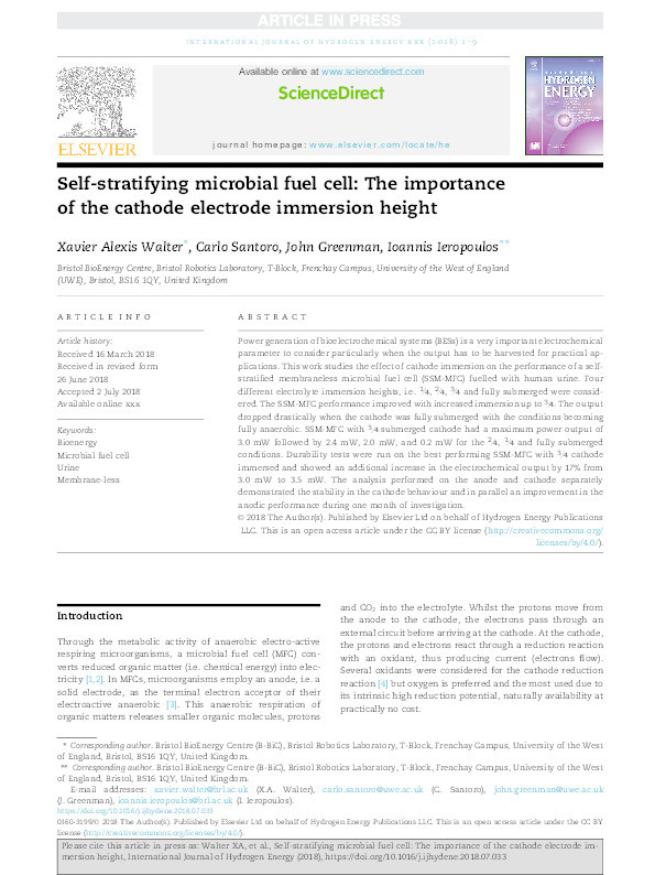 Self-stratifying microbial fuel cell: The importance of the cathode electrode immersion height Thumbnail