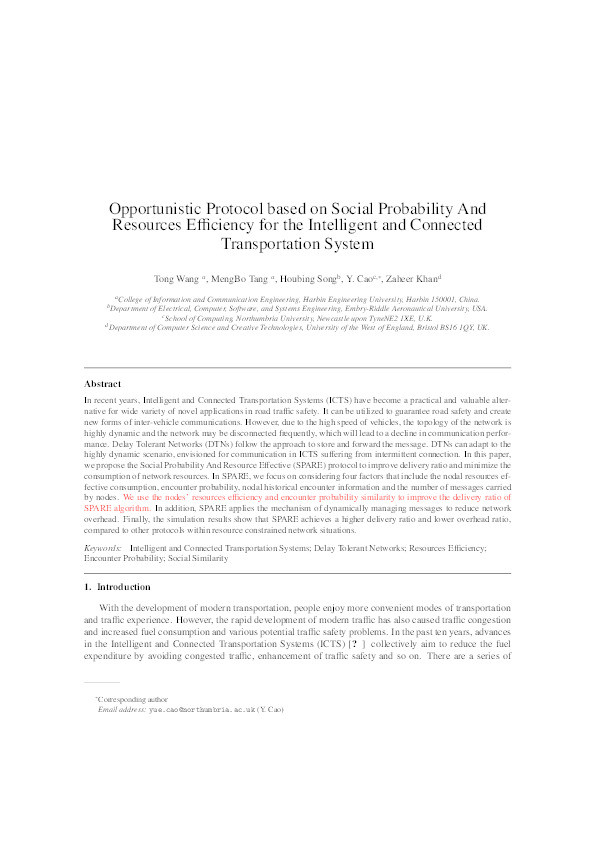 Opportunistic protocol based on social probability and resources efficiency for the intelligent and connected transportation system Thumbnail