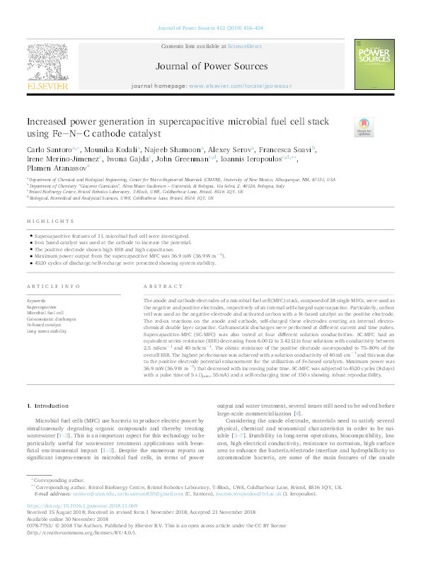 Increased power generation in supercapacitive microbial fuel cell stack using Fe–N–C cathode catalyst Thumbnail