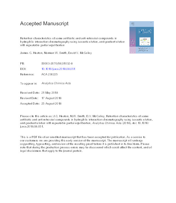 Retention characteristics of some antibiotic and anti-retroviral compounds in hydrophilic interaction chromatography using isocratic elution, and gradient elution with repeatable partial equilibration Thumbnail