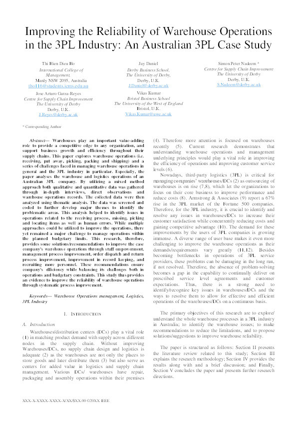 Improving the reliability of warehouse operations in the 3PL industry: An Australian 3PL case study Thumbnail