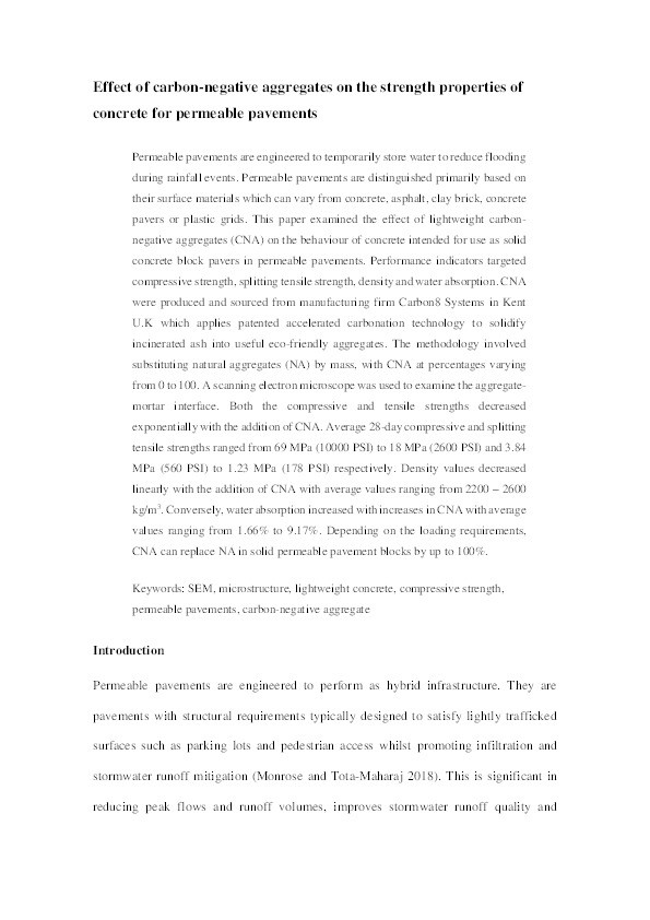 Effect of carbon-negative aggregates on the strength properties of concrete for permeable pavements Thumbnail