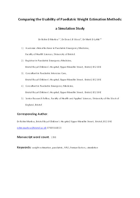 Comparing the usability of paediatric weight estimation methods: A simulation study Thumbnail