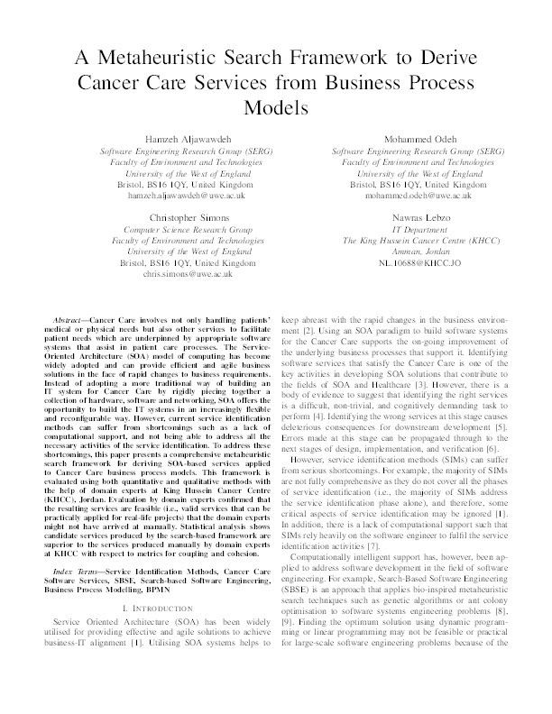 A metaheuristic search framework to derive Cancer Care Services from business process models Thumbnail