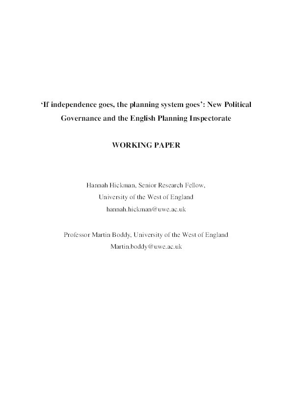 ‘If independence goes, the planning system goes’: New political governance and the English planning inspectorate Thumbnail