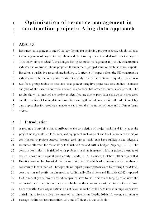 Optimisation of resource management in construction projects: A big data approach Thumbnail