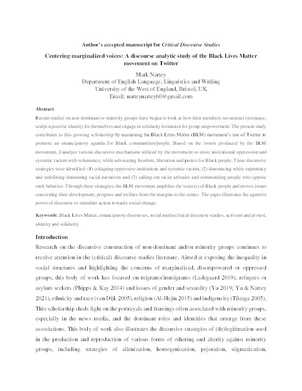 Centering marginalized voices: A discourse analytic study of the Black Lives Matter movement on Twitter Thumbnail