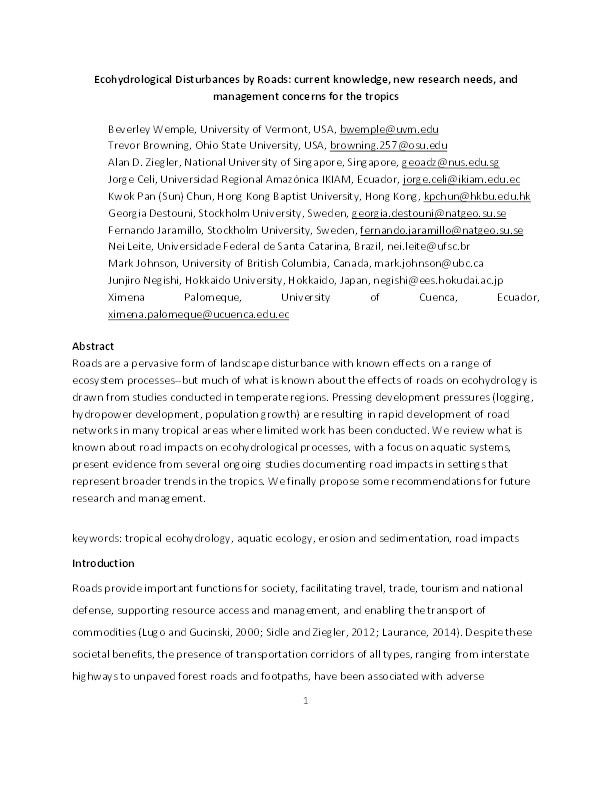 Ecohydrological disturbances associated with roads: Current knowledge, research needs, and management concerns with reference to the tropics Thumbnail