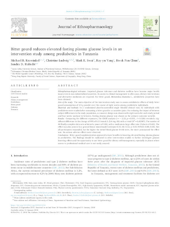 Bitter gourd reduces elevated fasting plasma glucose levels in an intervention study among prediabetics in Tanzania Thumbnail