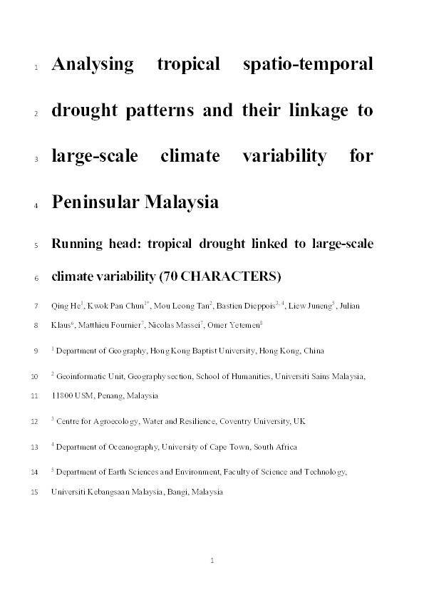 Tropical drought patterns and their linkages to large-scale climate variability over Peninsular Malaysia Thumbnail