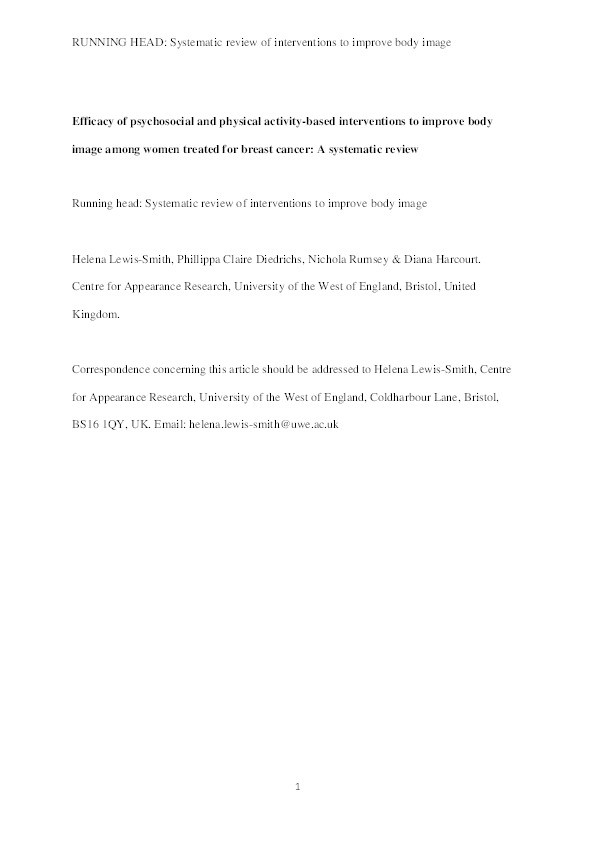 Efficacy of psychosocial and physical activity-based interventions to improve body image among women treated for breast cancer: A systematic review Thumbnail