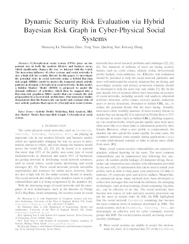 Dynamic Security Risk Evaluation via Hybrid Bayesian Risk Graph in Cyber-Physical Social Systems Thumbnail