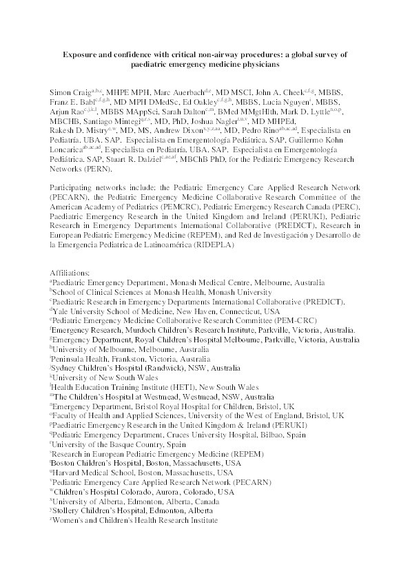 Exposure and confidence with critical non-airway procedures: A global survey of paediatric emergency medicine physicians Thumbnail