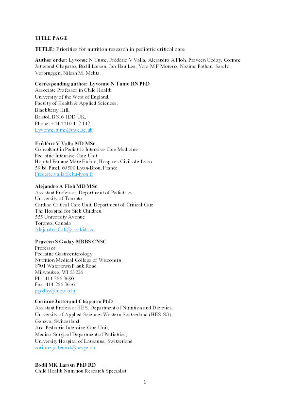 Priorities for nutrition research in pediatric critical care Thumbnail