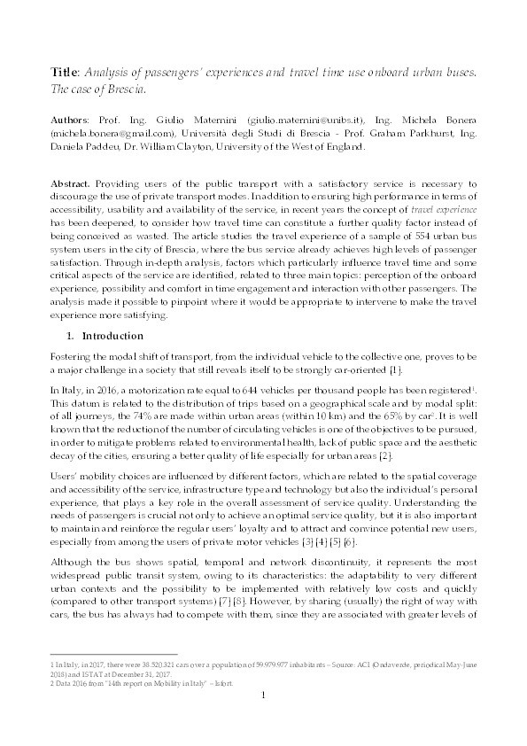 Analysis of the passengers’ experience and travel time use on board urban buses. The case of Brescia Thumbnail