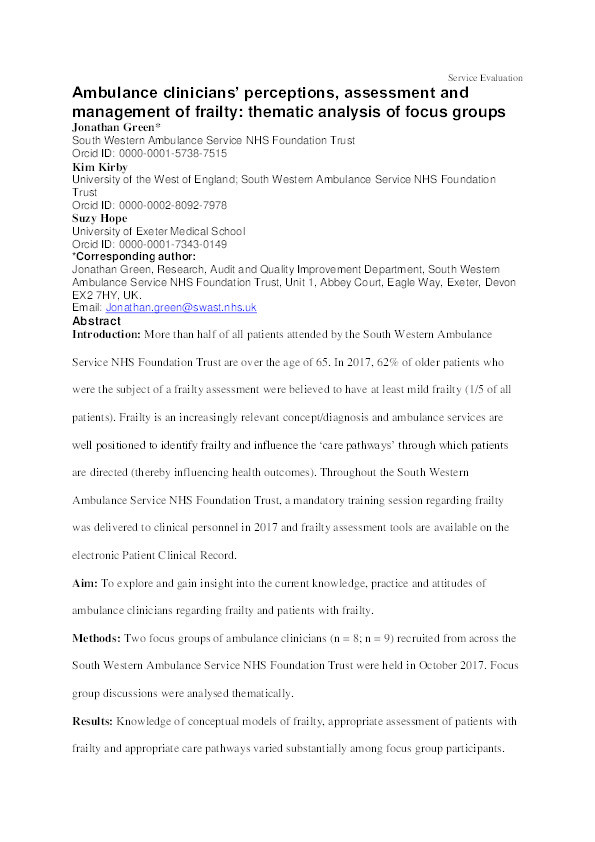 Ambulance clinicians’ perceptions,assessment and management of frailty: Thematic analysis of focus groups Thumbnail