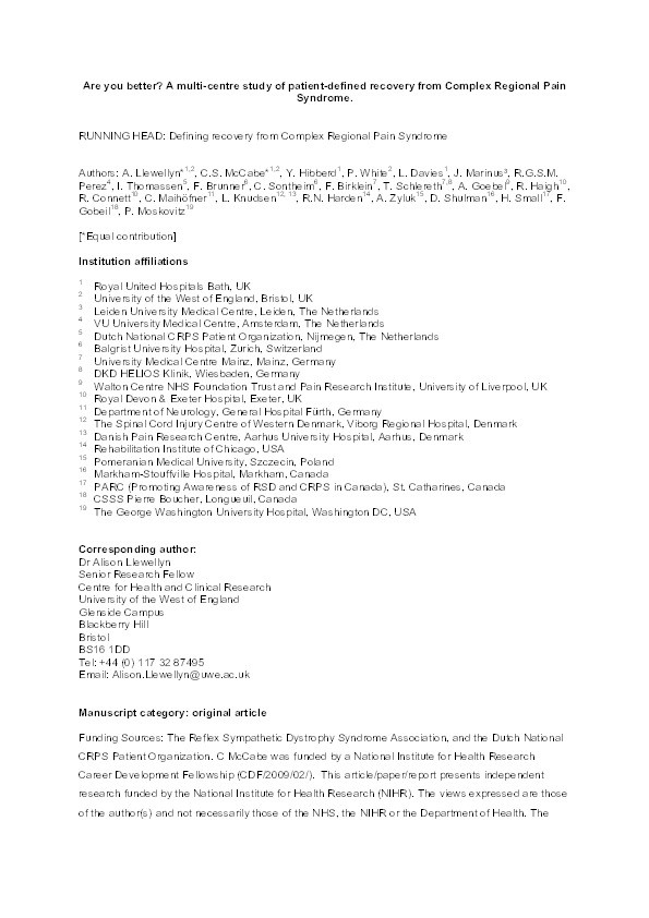 Are you better? A multi-centre study of patient-defined recovery from Complex Regional Pain Syndrome Thumbnail