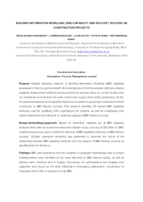 Building information modelling (BIM) capability and delivery success on construction projects Thumbnail