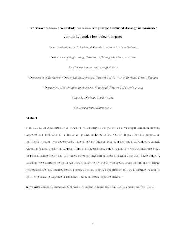 Experimental–numerical study on minimizing impact induced damage in laminated composites under low-velocity impact Thumbnail