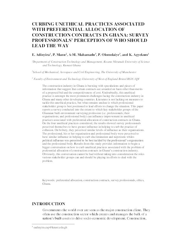 Curbing unethical practices associated with preferential allocation of construction contracts in Ghana: Survey professionals’ perception of who should lead the way Thumbnail
