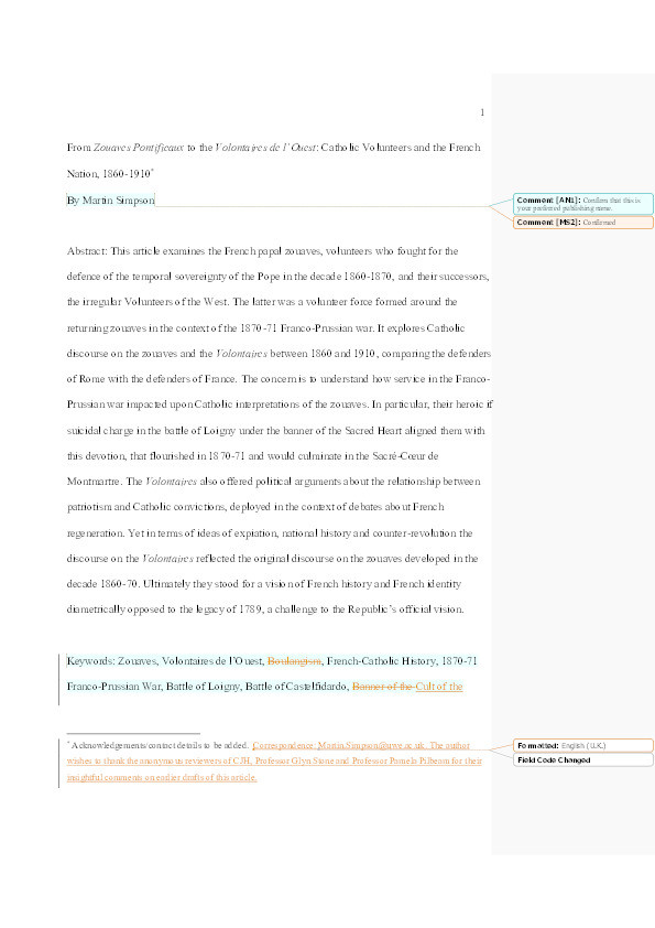 From Zouaves Pontificaux to the volontaires de l'Ouest: Catholic volunteers and the French Nation, 1860-1910 Thumbnail