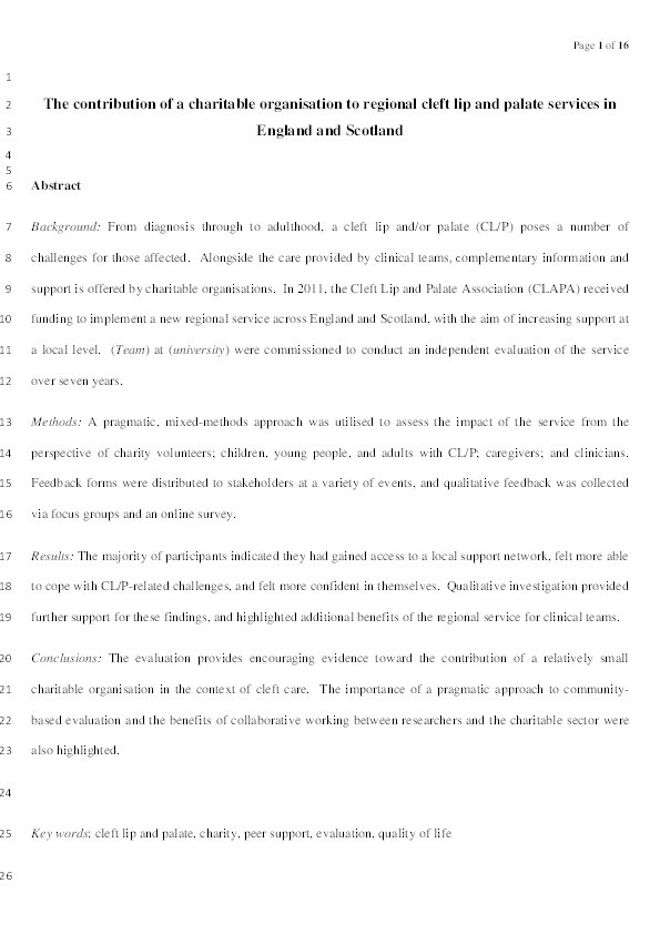 The contribution of a charitable organisation to regional cleft lip and palate services in England and Scotland Thumbnail