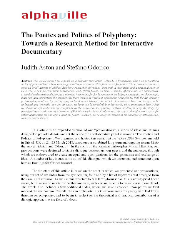 The poetics and politics of polyphony: Towards a research method for interactive documentary Thumbnail